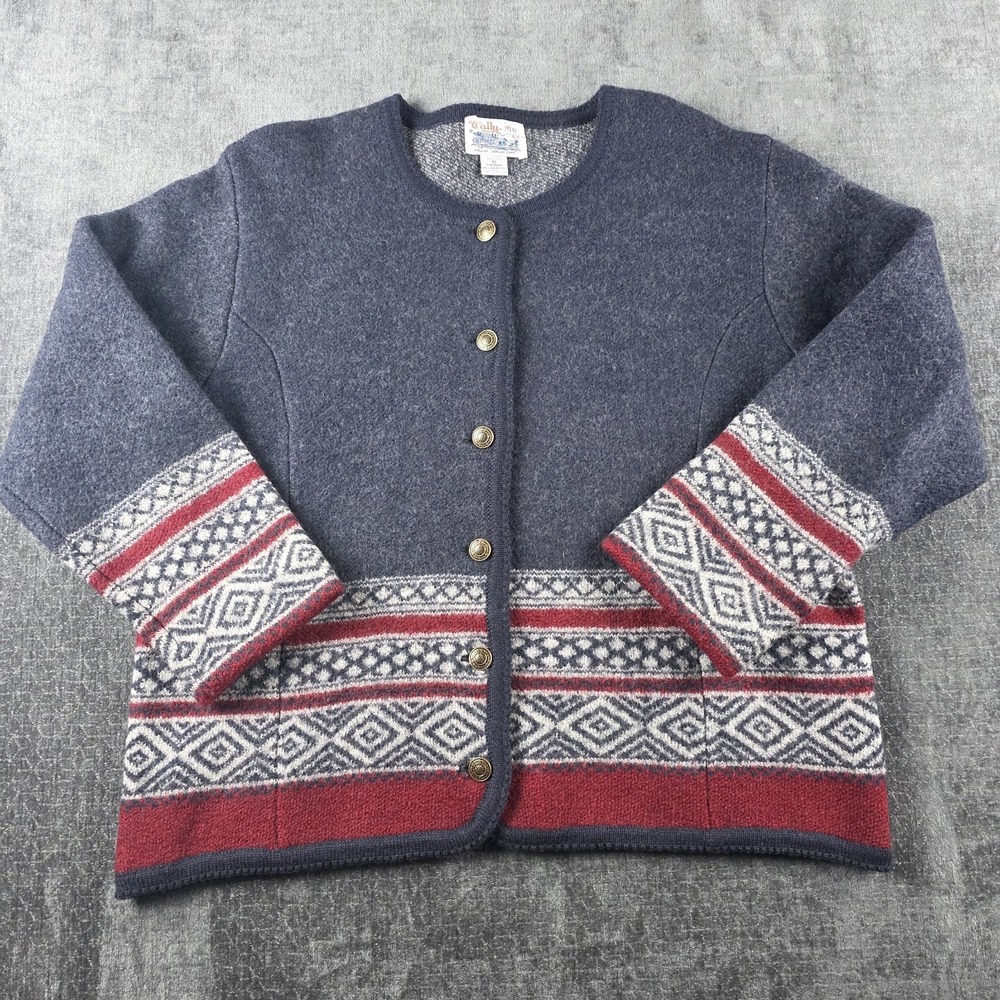 Vtg TALLY-HO Boiled Wool Cardigan Scandinavian Print Fair Isle Button Sweater 1X